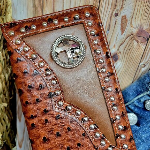 Wallet Cross Praying cowboy Western Mens Wallet Bifold Ostrich Brown Faux Leathe